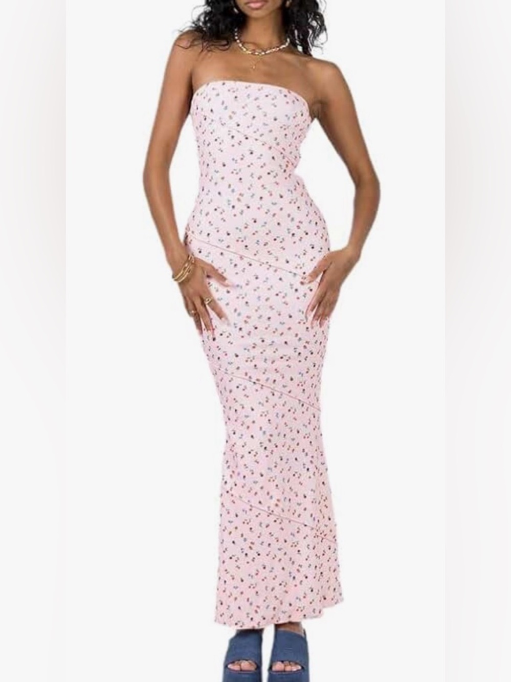 SHEIN Pink Strapless Floral Column Maxi Dress